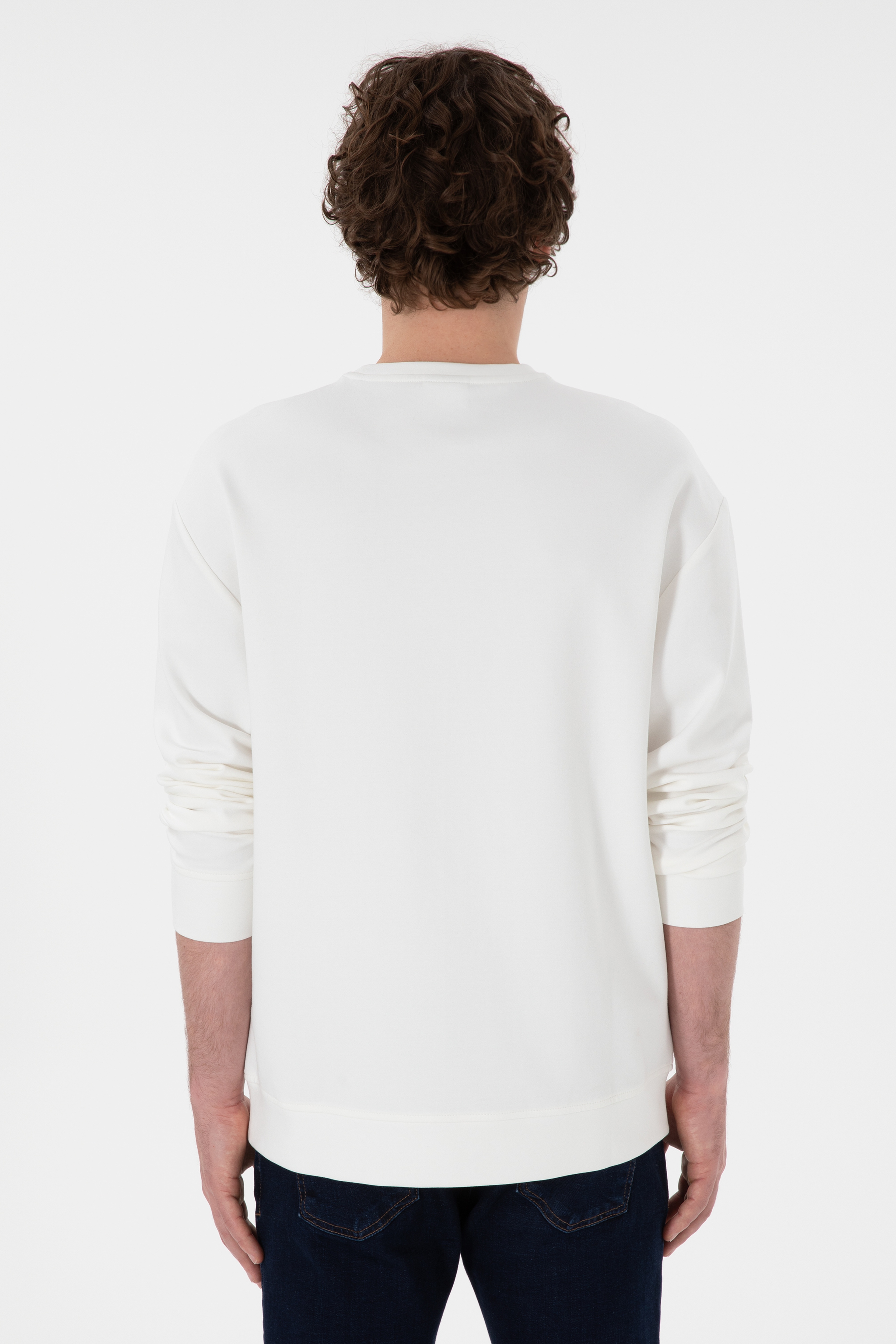 Erkek Comfort Fit Bisiklet Yaka Ekru İnce Sweatshirt