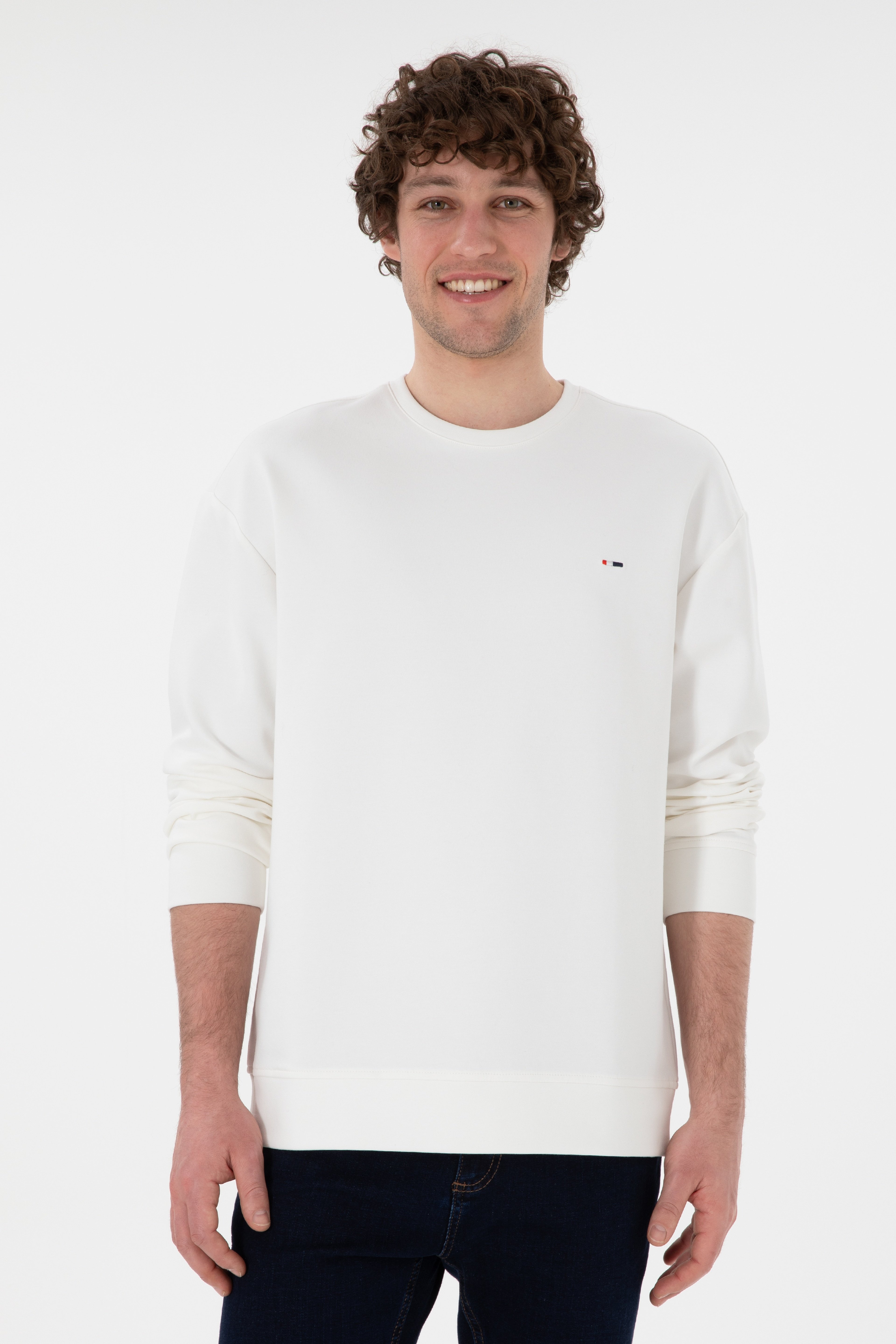 Erkek Comfort Fit Bisiklet Yaka Ekru İnce Sweatshirt - Image 1