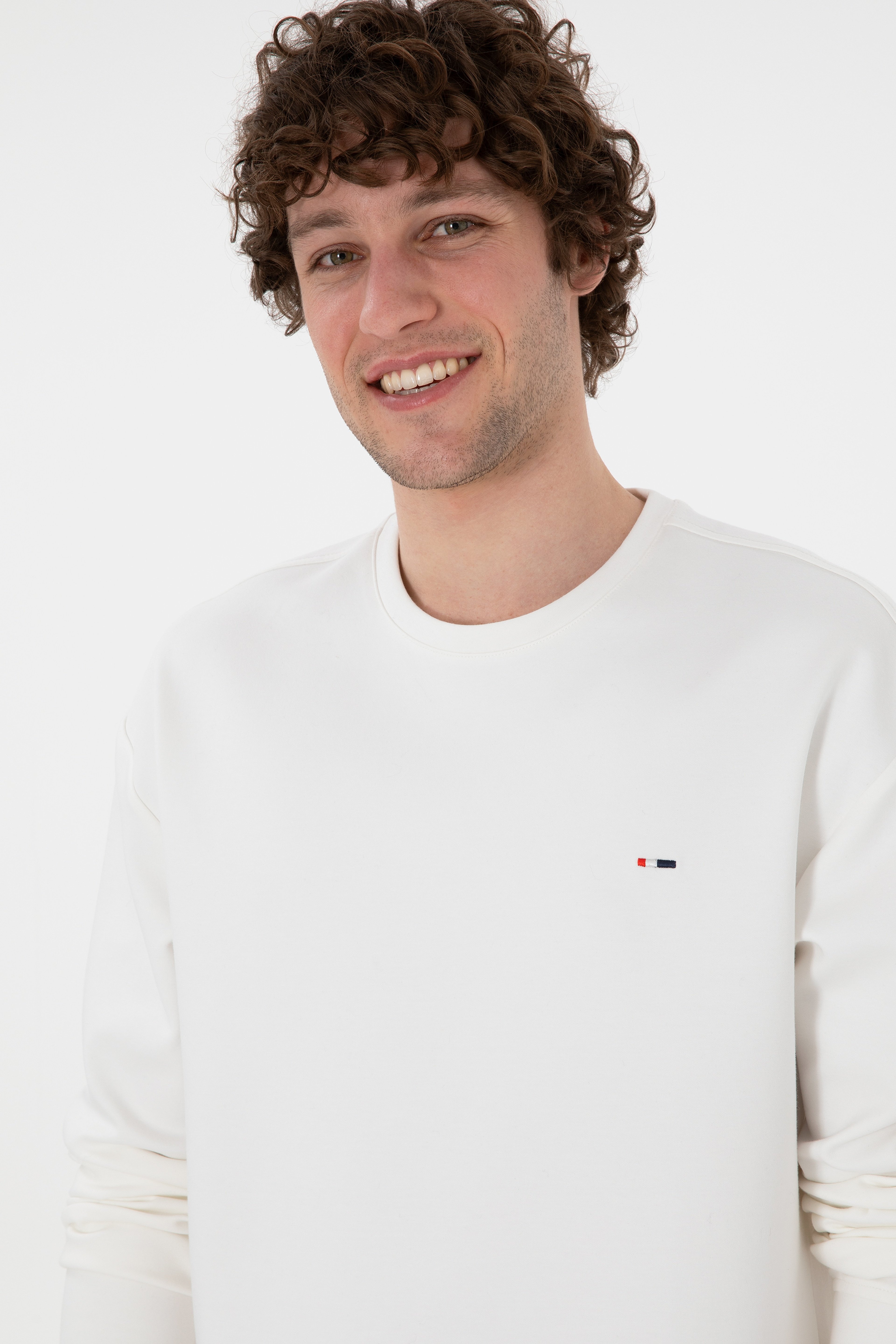 Erkek Comfort Fit Bisiklet Yaka Ekru İnce Sweatshirt - Image 2