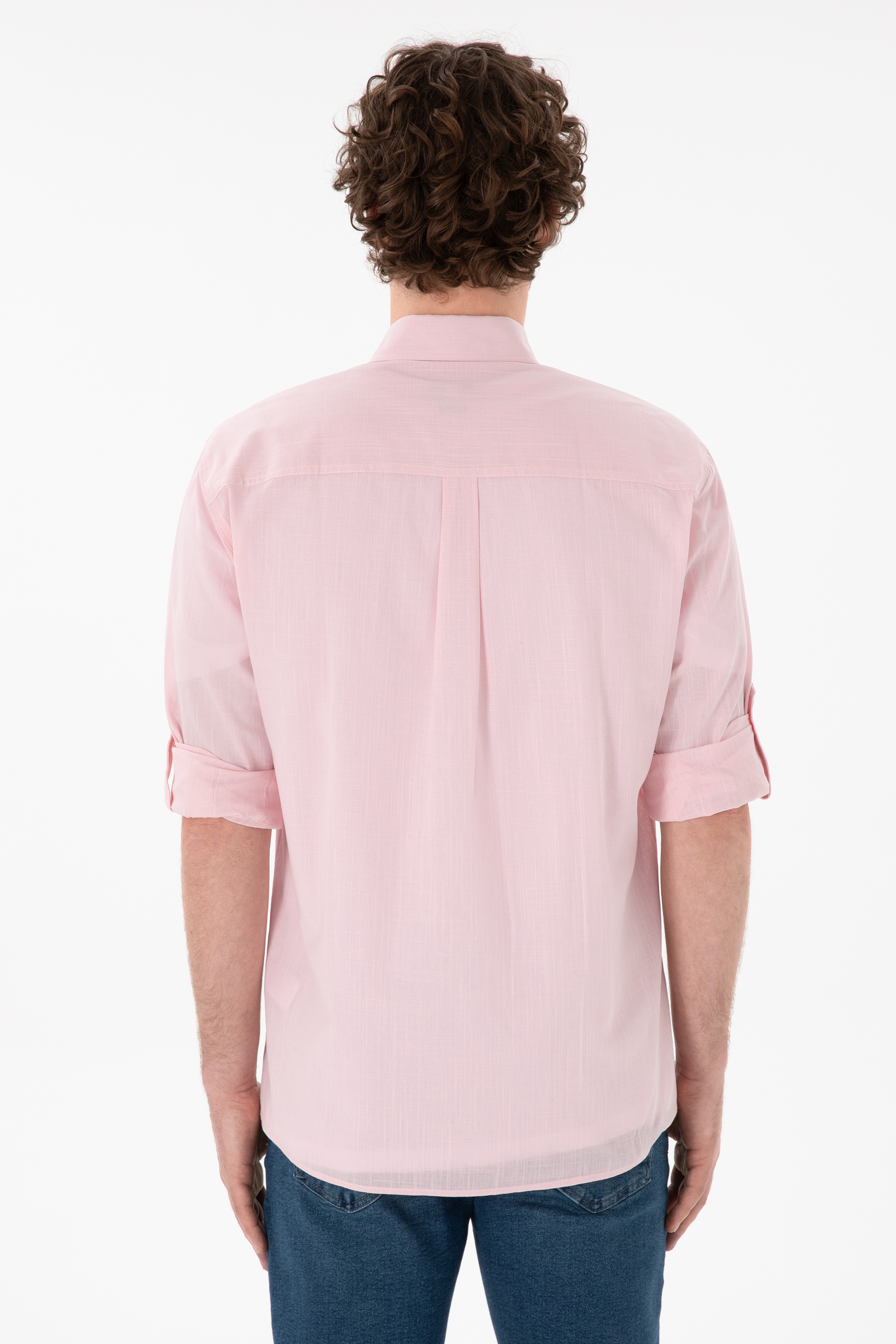 Erkek Açık Pembe Keten Görünümlü Basic Gömlek