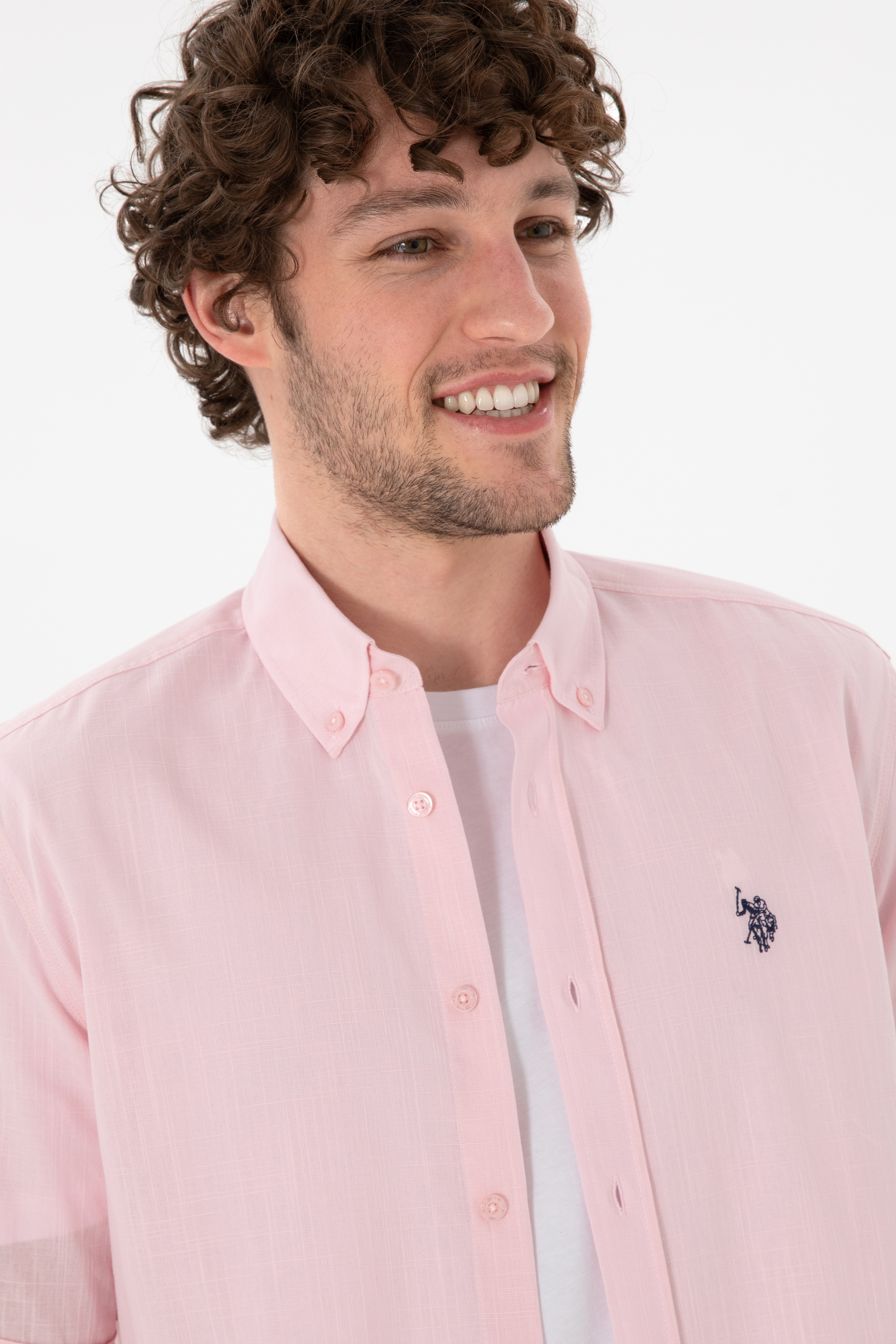Erkek Açık Pembe Keten Görünümlü Basic Gömlek - Image 3