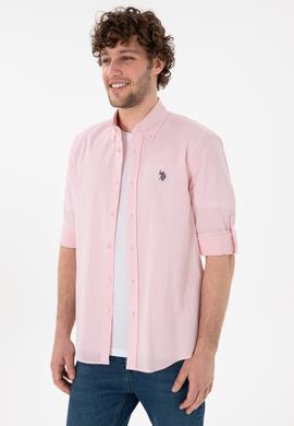 Erkek Açık Pembe Keten Görünümlü Basic Gömlek - 50306285078