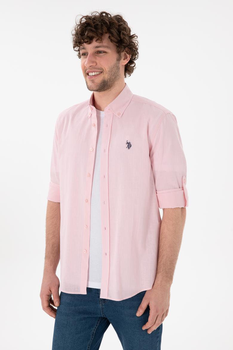 Erkek Açık Pembe Keten Görünümlü Basic Gömlek - 50306285078
