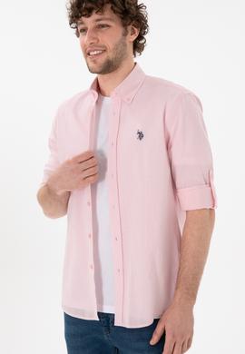 Erkek Açık Pembe Keten Görünümlü Basic Gömlek - 50306285078