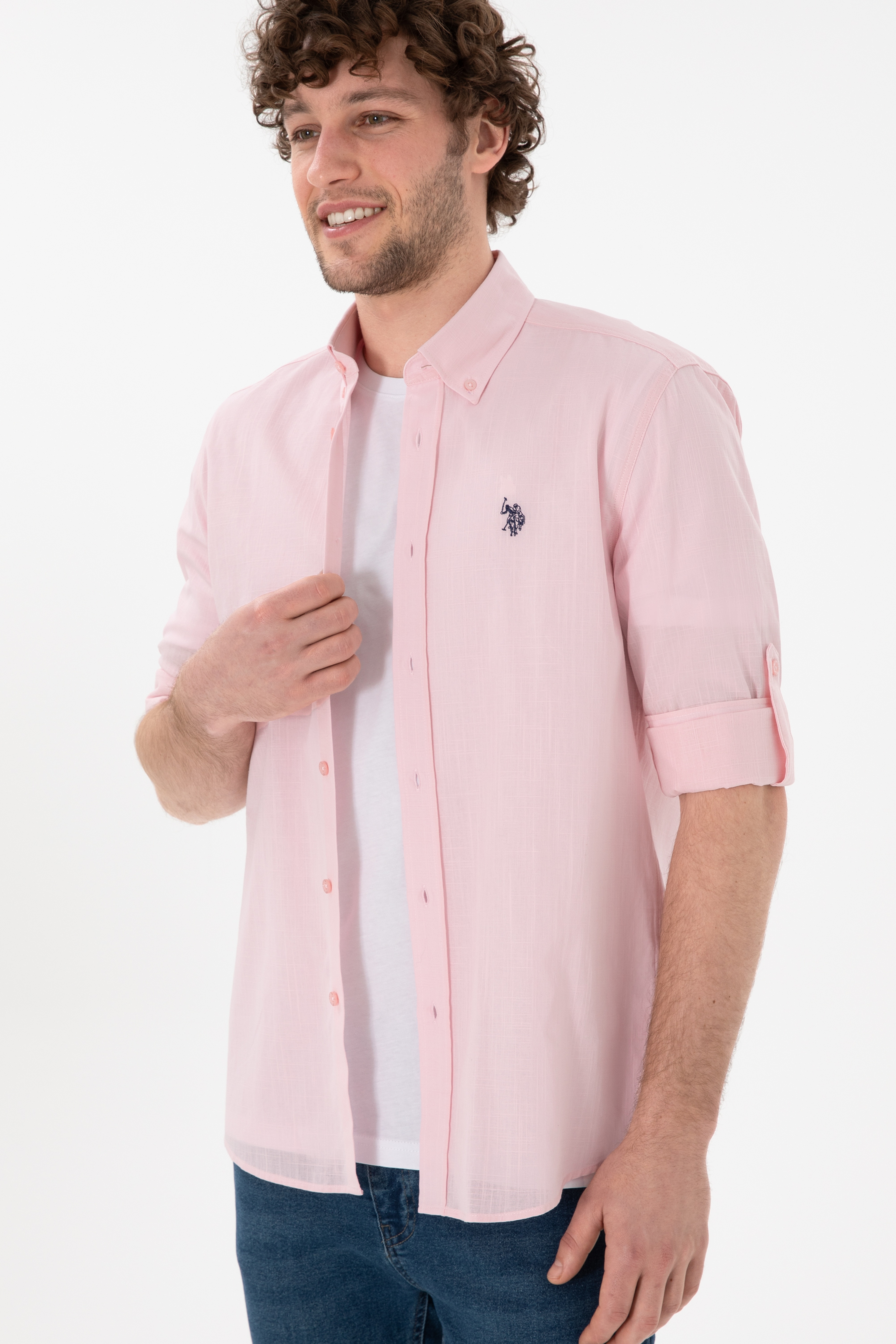 Erkek Açık Pembe Keten Görünümlü Basic Gömlek - Image 4