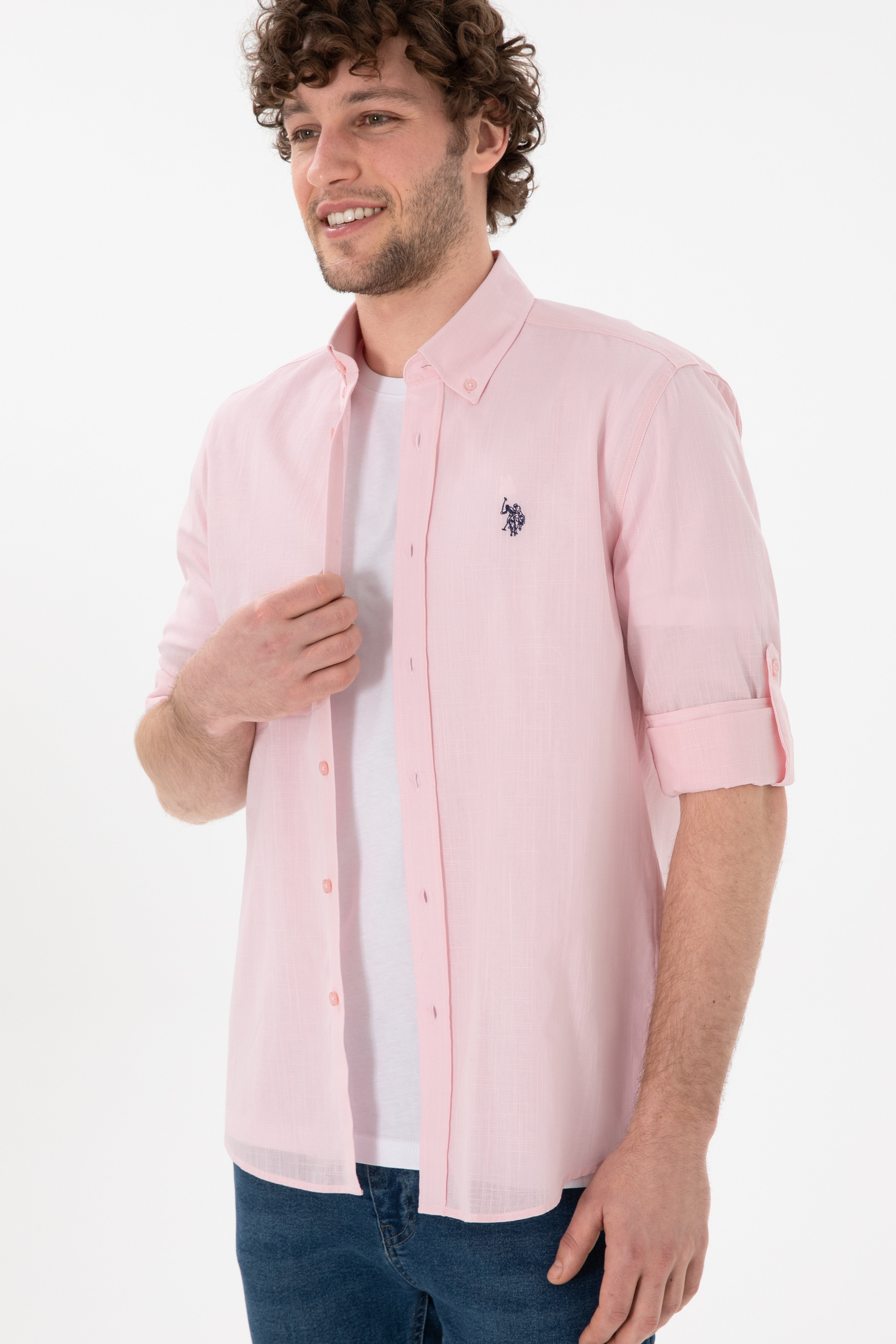 Erkek Açık Pembe Keten Görünümlü Basic Gömlek