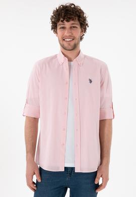 Erkek Açık Pembe Keten Görünümlü Basic Gömlek - 50306285078