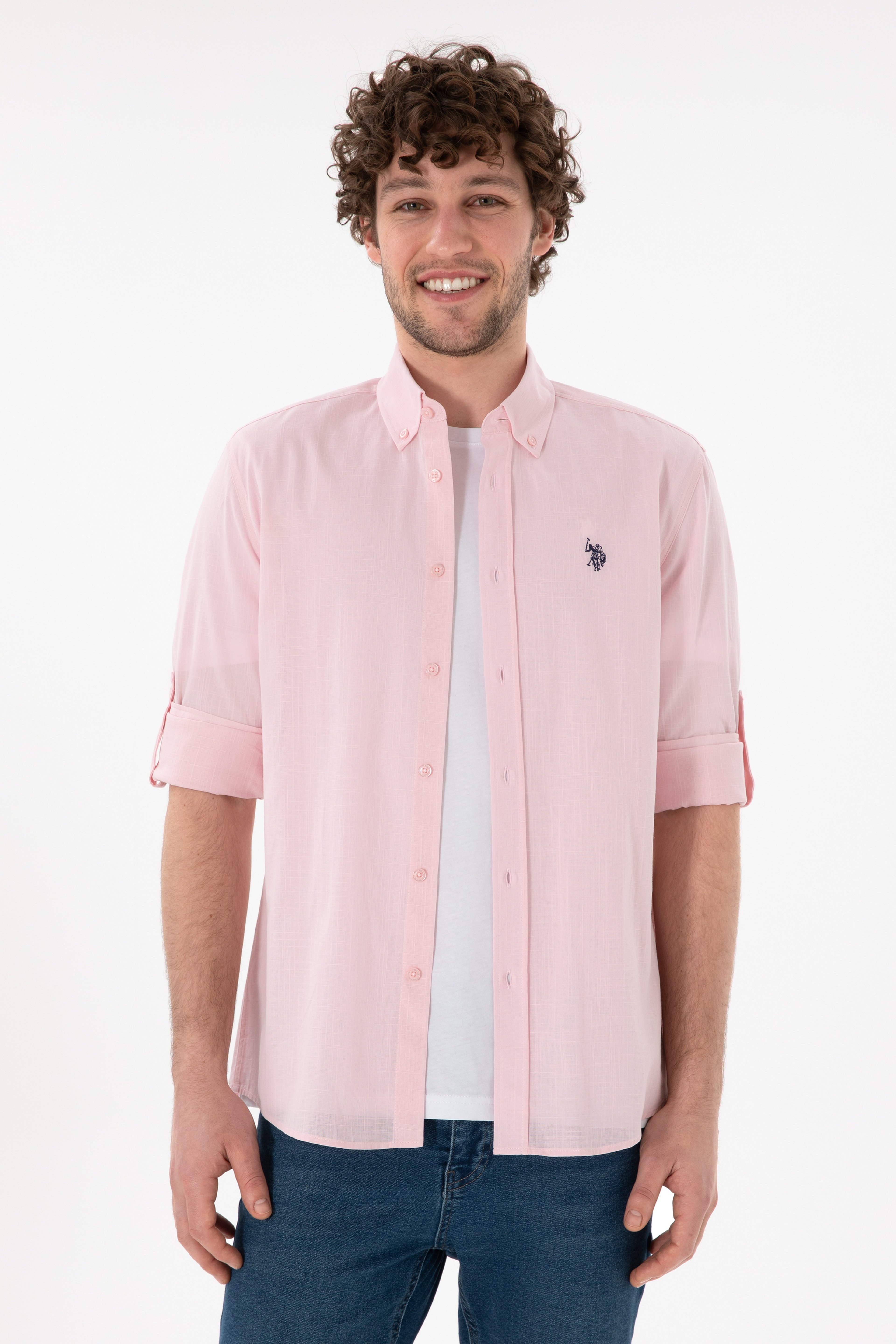 Erkek Açık Pembe Keten Görünümlü Basic Gömlek - Image 1