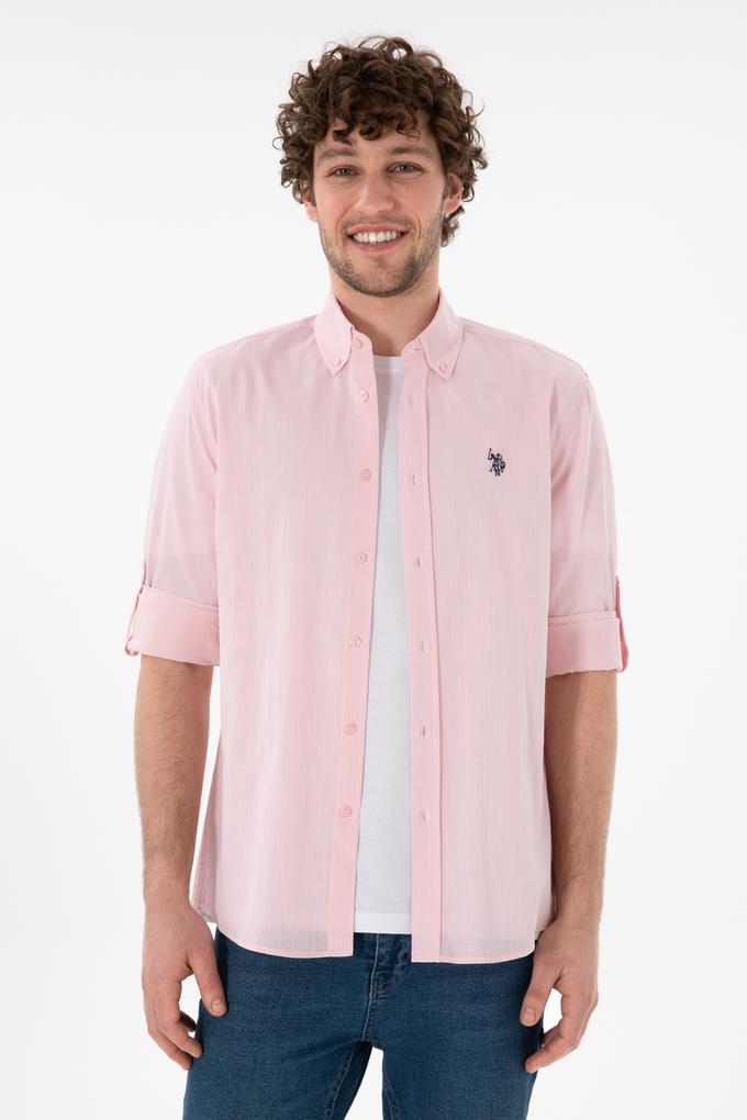 Erkek Açık Pembe Keten Görünümlü Basic Gömlek