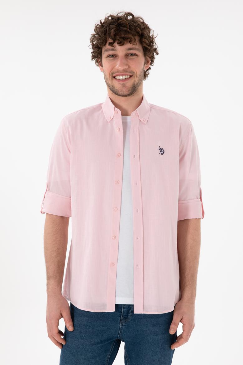 Erkek Açık Pembe Keten Görünümlü Basic Gömlek