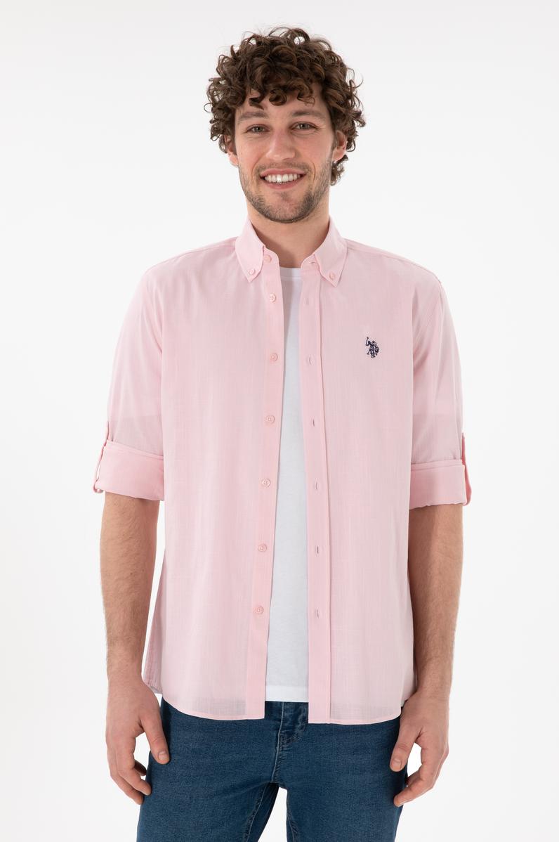 Erkek Açık Pembe Keten Görünümlü Basic Gömlek