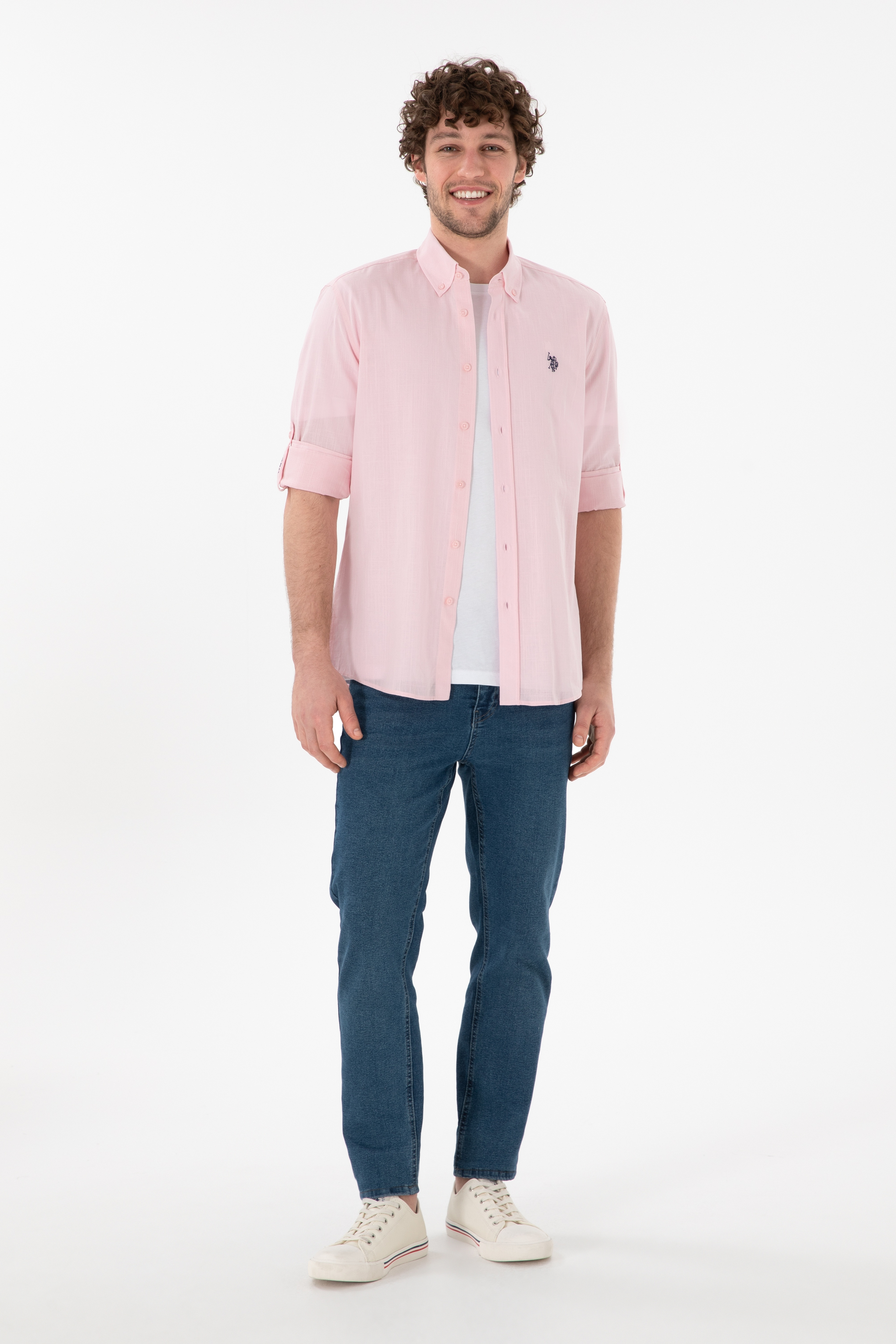 Erkek Açık Pembe Keten Görünümlü Basic Gömlek - Image 5