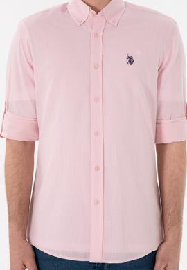 Erkek Açık Pembe Keten Görünümlü Basic Gömlek - 50306285078