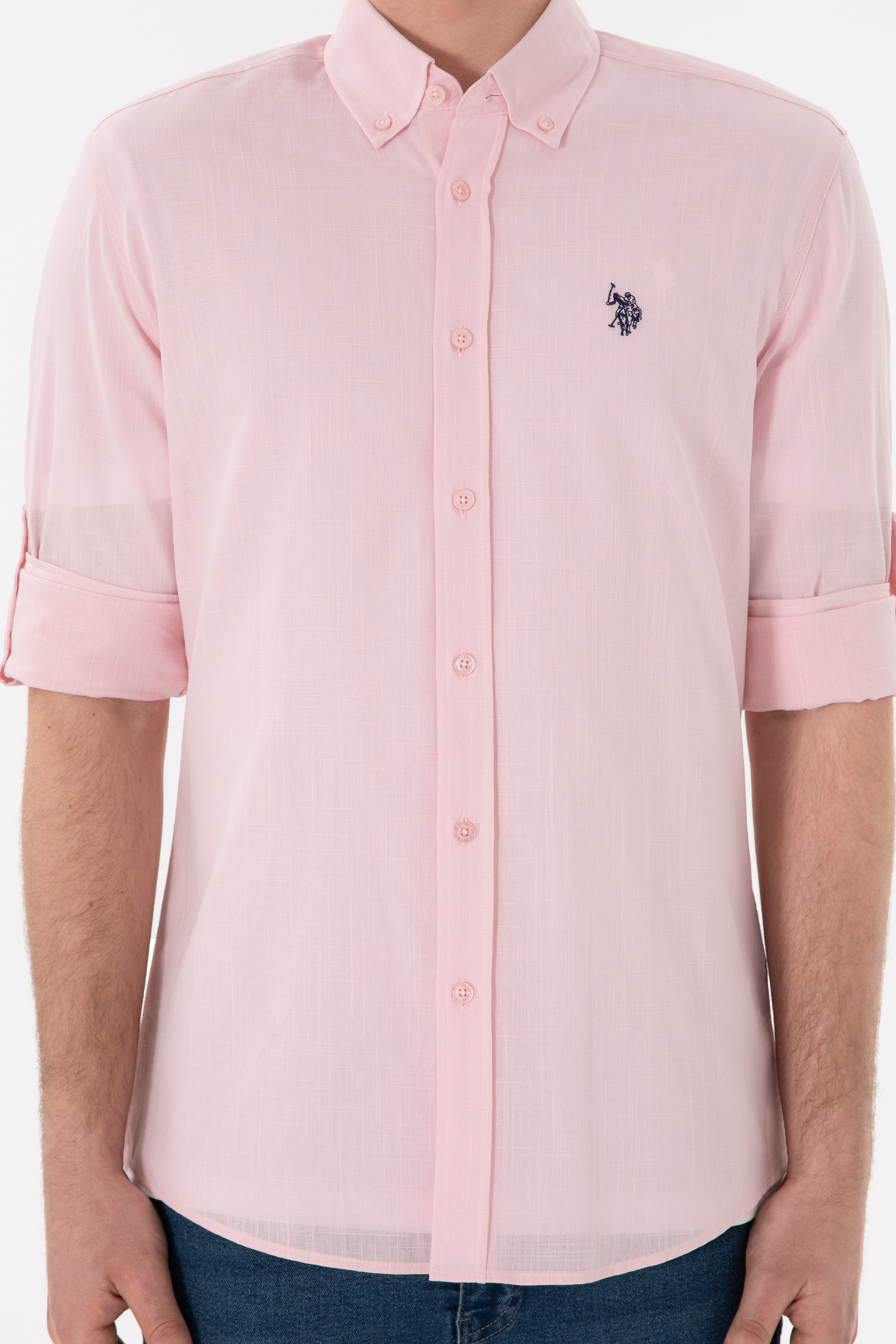 Erkek Açık Pembe Keten Görünümlü Basic Gömlek