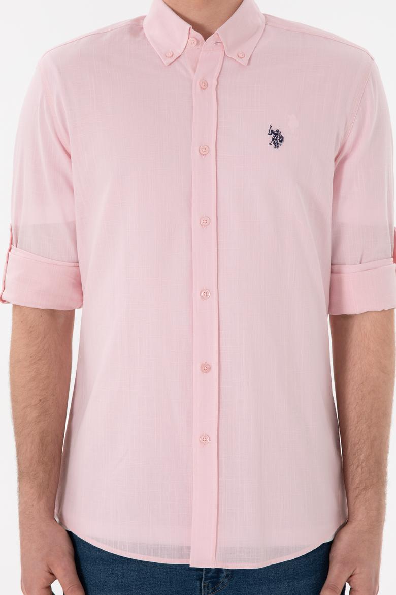 Erkek Açık Pembe Keten Görünümlü Basic Gömlek - 50306285078