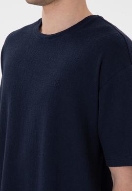 Erkek Comfort Fit Bisiklet Yaka Lacivert Jakarlı İnterlok  Tişört - 50308448006