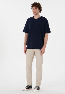 Erkek Comfort Fit Bisiklet Yaka Lacivert Jakarlı İnterlok  Tişört - 50308448006