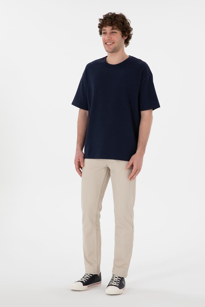 Erkek Comfort Fit Bisiklet Yaka Lacivert Jakarlı İnterlok  Tişört - 50308448006