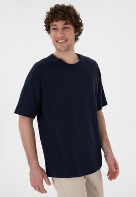 Erkek Comfort Fit Bisiklet Yaka Lacivert Jakarlı İnterlok  Tişört - 50308448006