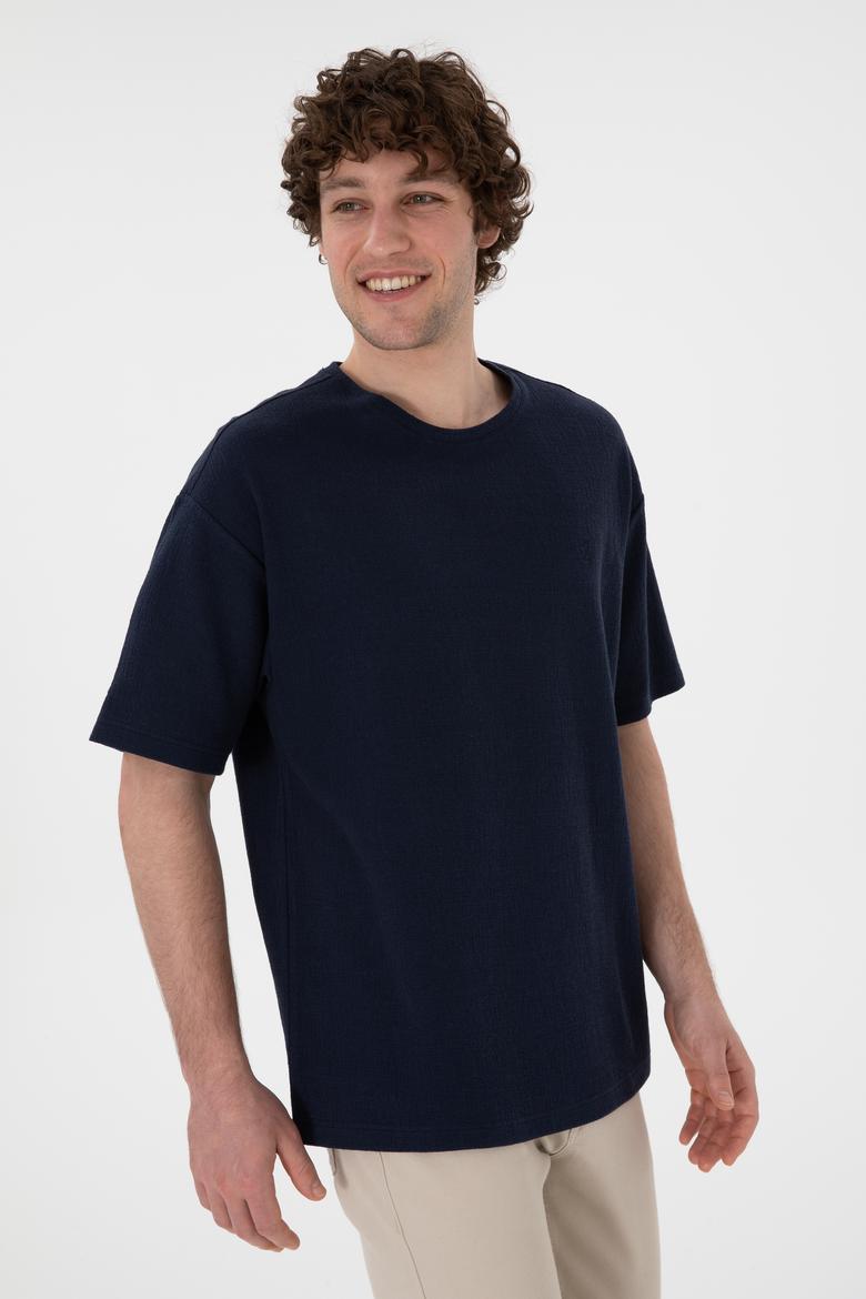 Erkek Comfort Fit Bisiklet Yaka Lacivert Jakarlı İnterlok  Tişört - 50308448006