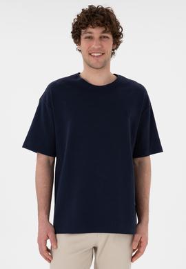 Erkek Comfort Fit Bisiklet Yaka Lacivert Jakarlı İnterlok  Tişört - 50308448006