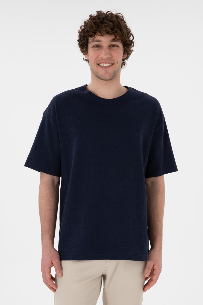 Erkek Comfort Fit Bisiklet Yaka Lacivert Jakarlı İnterlok  Tişört