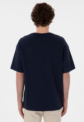 Erkek Comfort Fit Bisiklet Yaka Lacivert Jakarlı İnterlok  Tişört - 50308448006