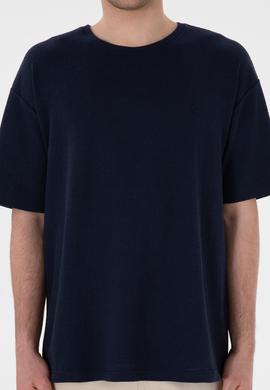 Erkek Comfort Fit Bisiklet Yaka Lacivert Jakarlı İnterlok  Tişört - 50308448006