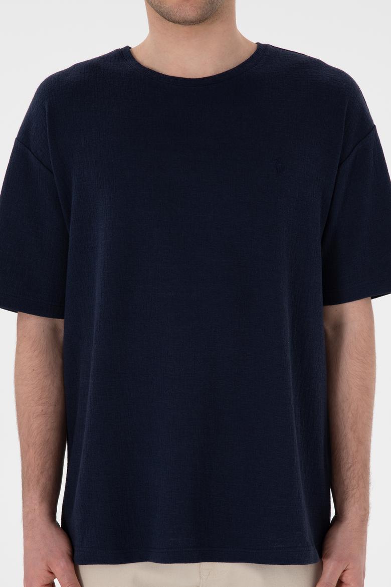 Erkek Comfort Fit Bisiklet Yaka Lacivert Jakarlı İnterlok  Tişört - 50308448006