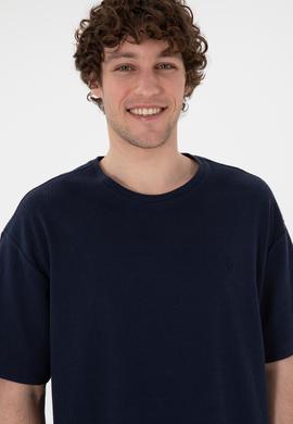 Erkek Comfort Fit Bisiklet Yaka Lacivert Jakarlı İnterlok  Tişört - 50308448006