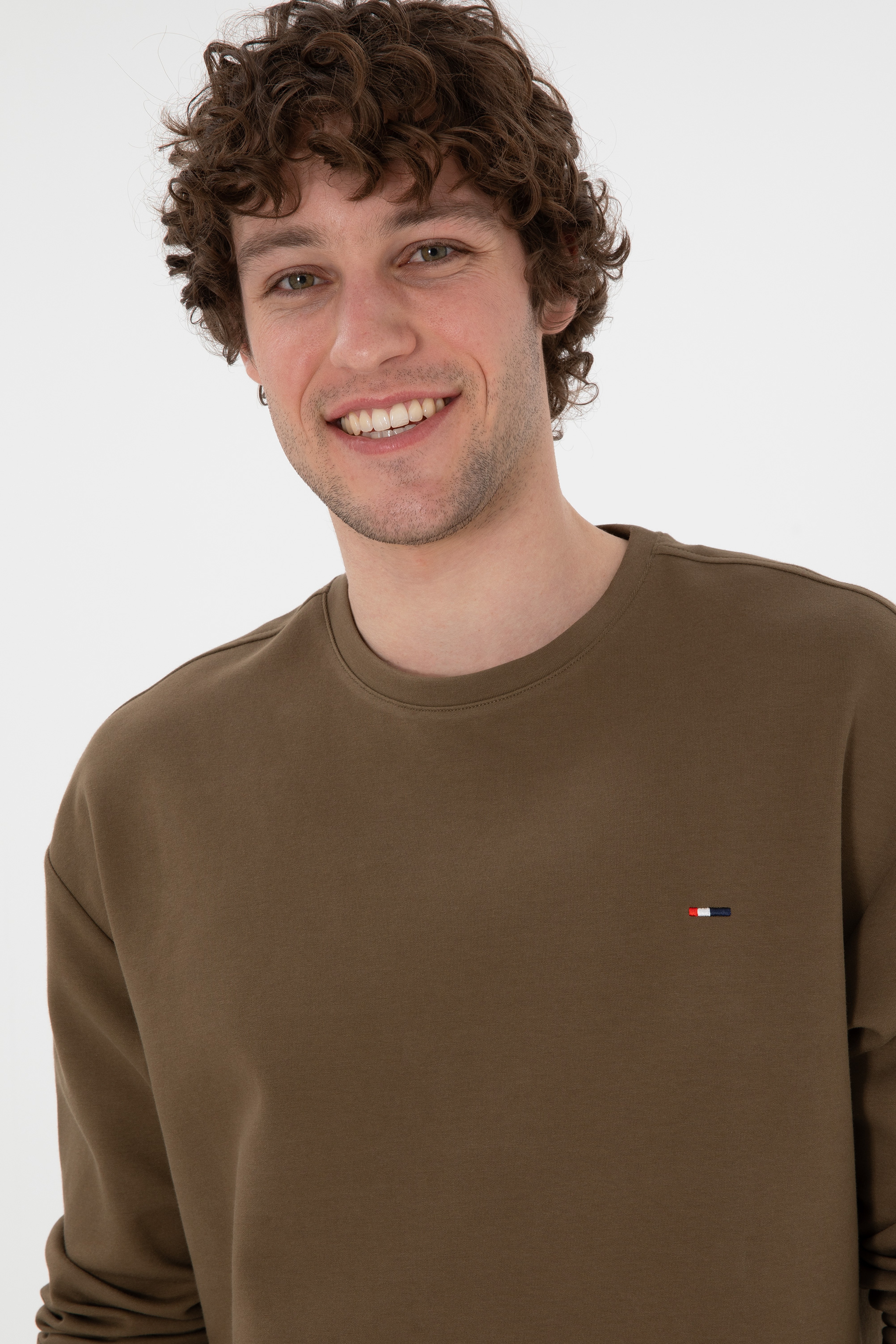 Erkek Comfort Fit Bisiklet Yaka Haki İnce Sweatshirt