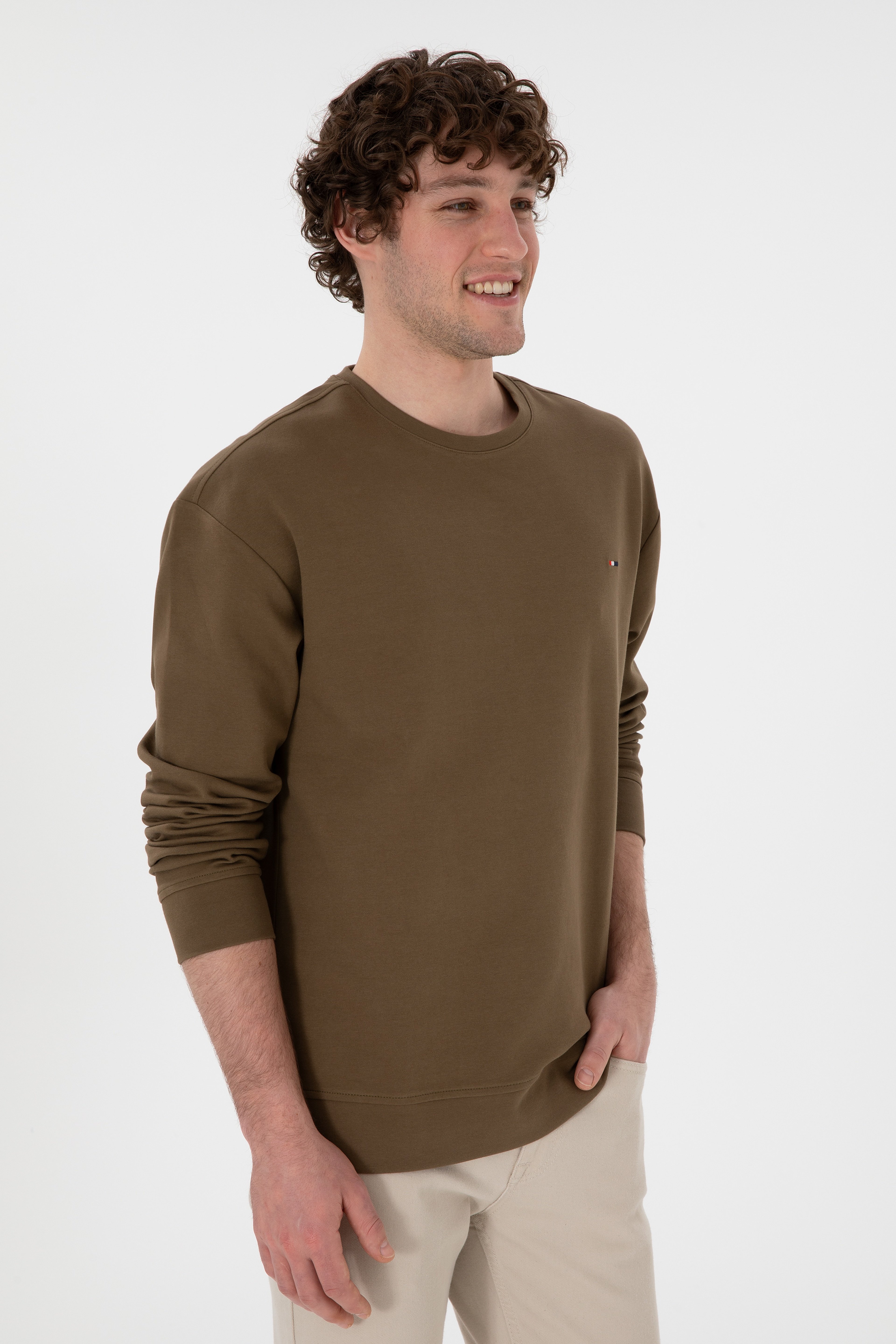 Erkek Comfort Fit Bisiklet Yaka Haki İnce Sweatshirt - Image 3