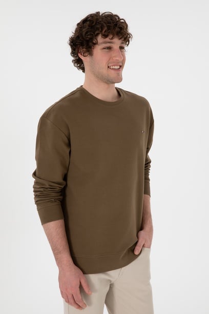 Erkek Comfort Fit Bisiklet Yaka Haki İnce Sweatshirt