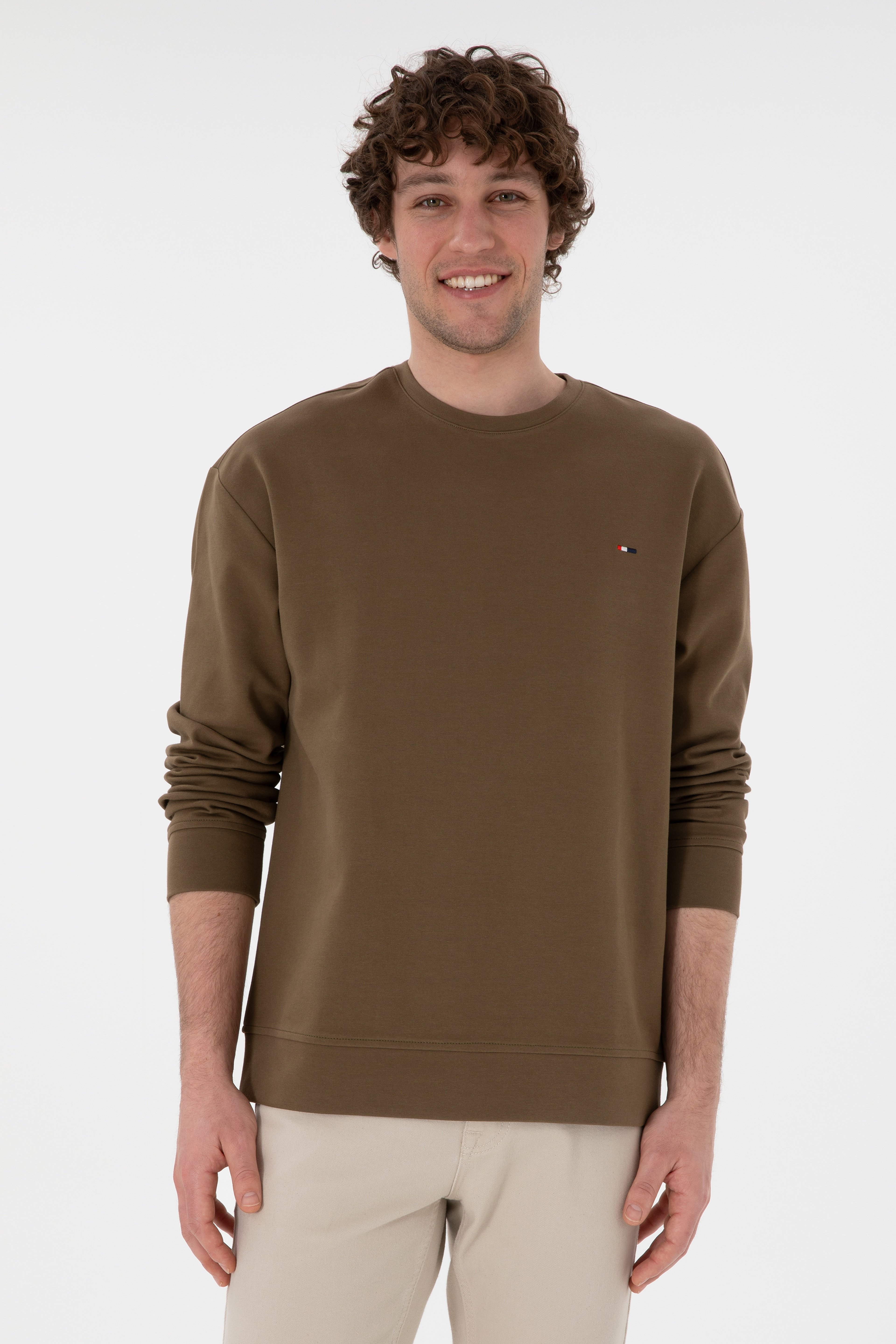 Erkek Comfort Fit Bisiklet Yaka Haki İnce Sweatshirt - Image 1