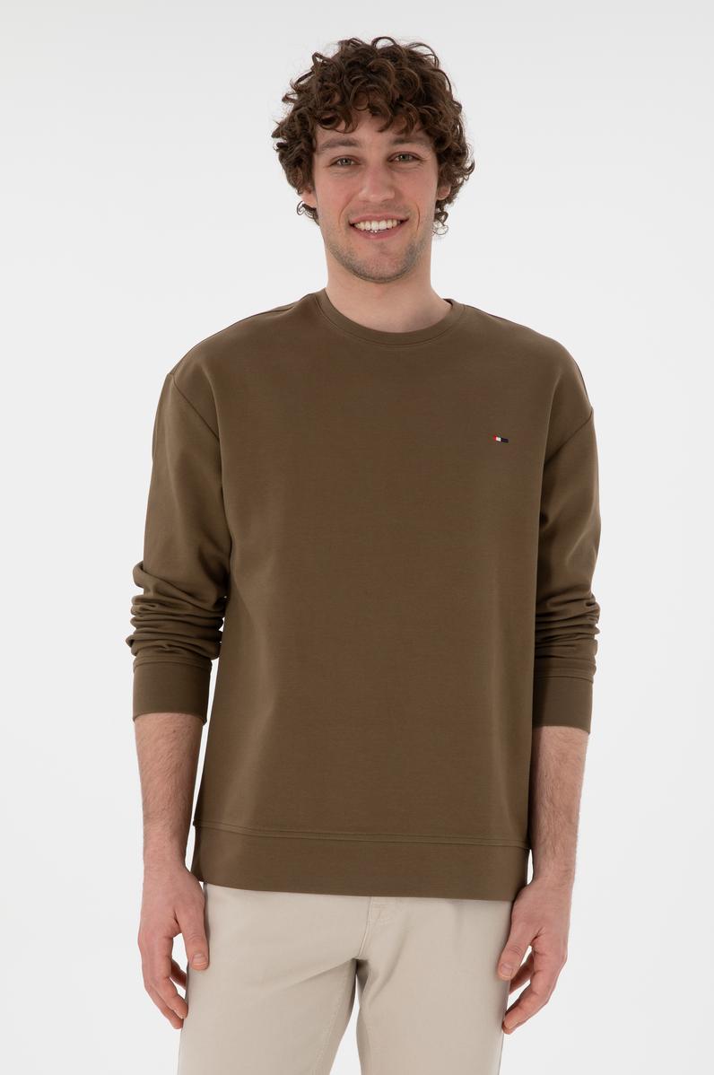 Erkek Comfort Fit Bisiklet Yaka Haki İnce Sweatshirt