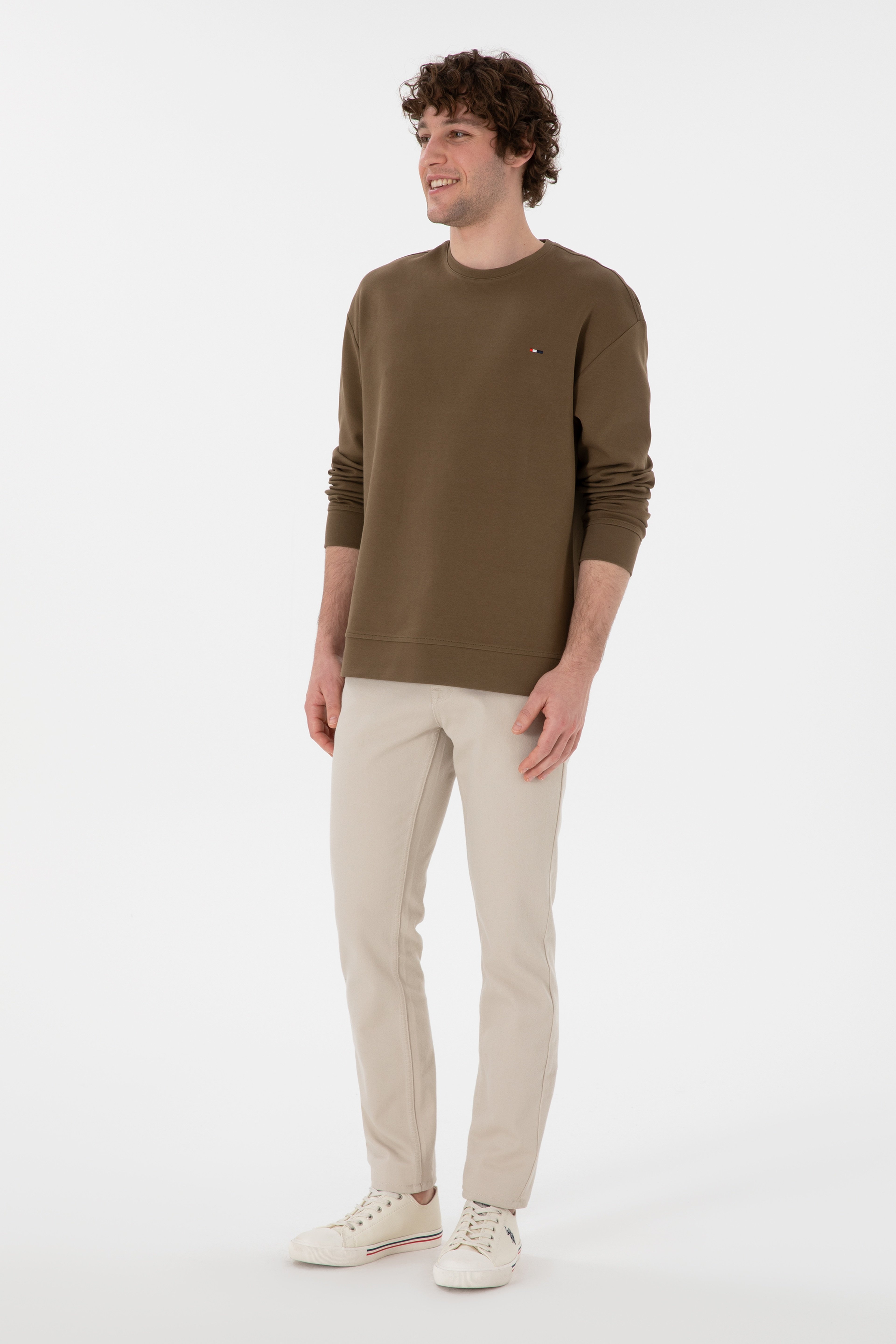 Erkek Comfort Fit Bisiklet Yaka Haki İnce Sweatshirt - Image 4
