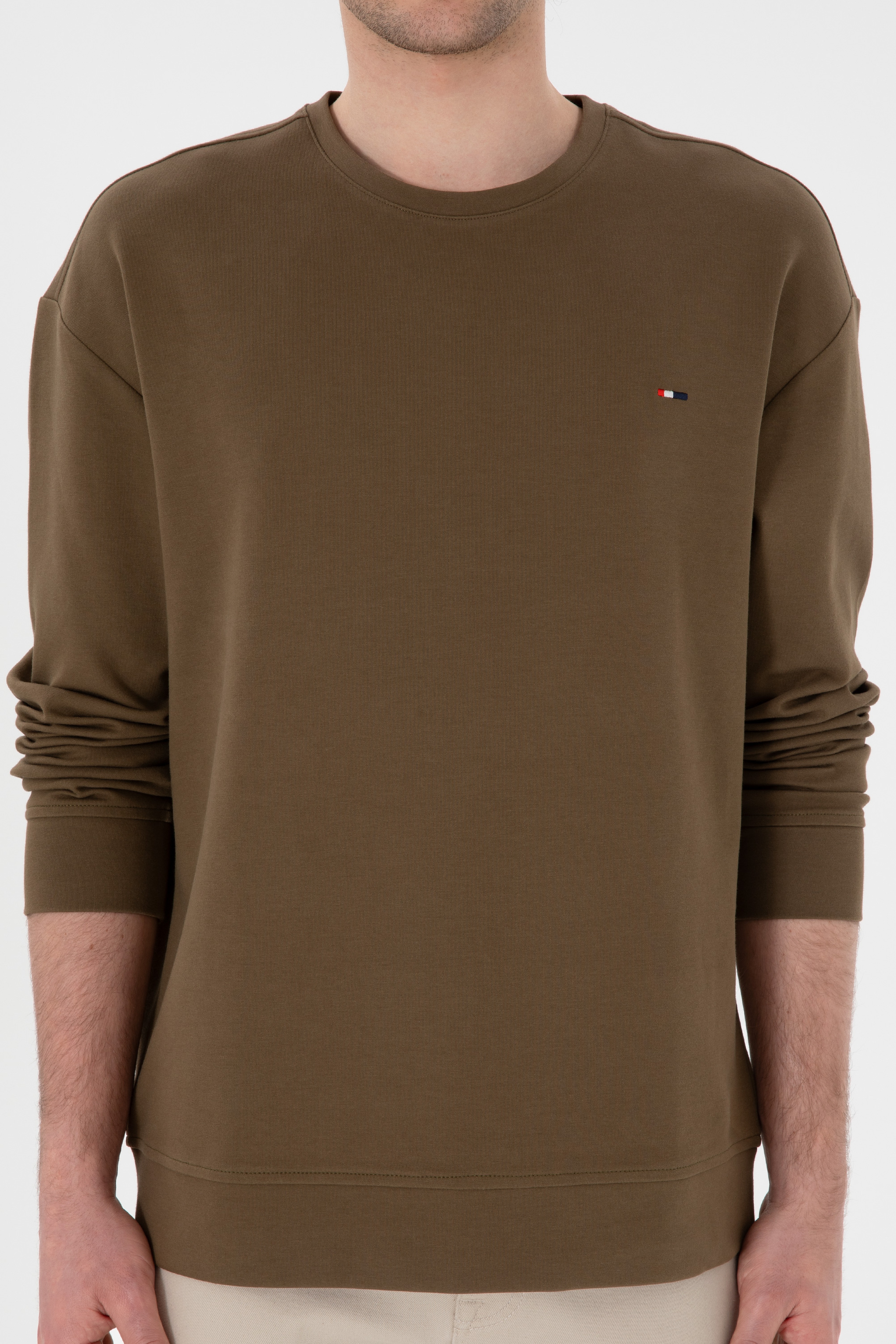 Erkek Comfort Fit Bisiklet Yaka Haki İnce Sweatshirt - Image 6