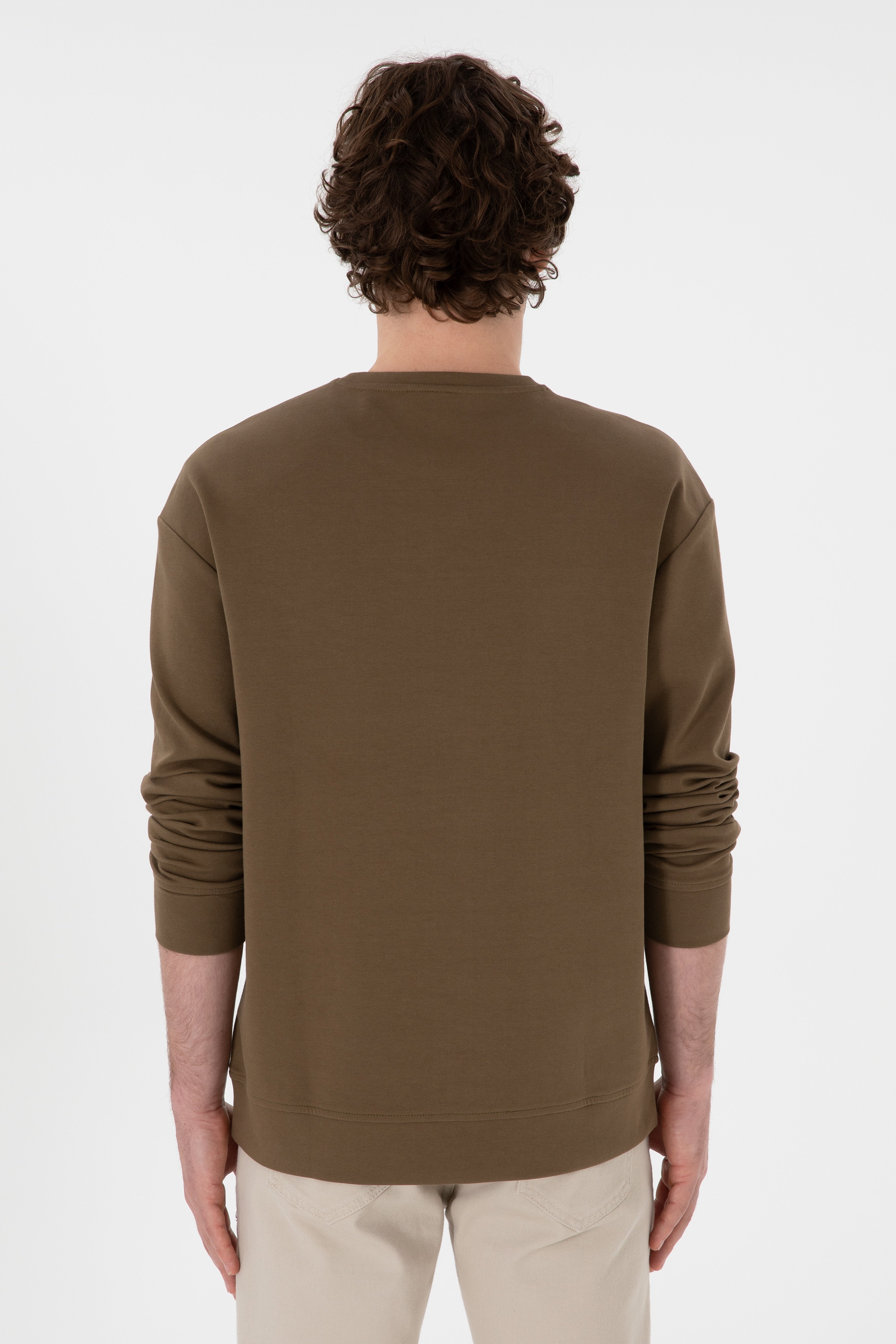 Erkek Comfort Fit Bisiklet Yaka Haki İnce Sweatshirt - Image 5