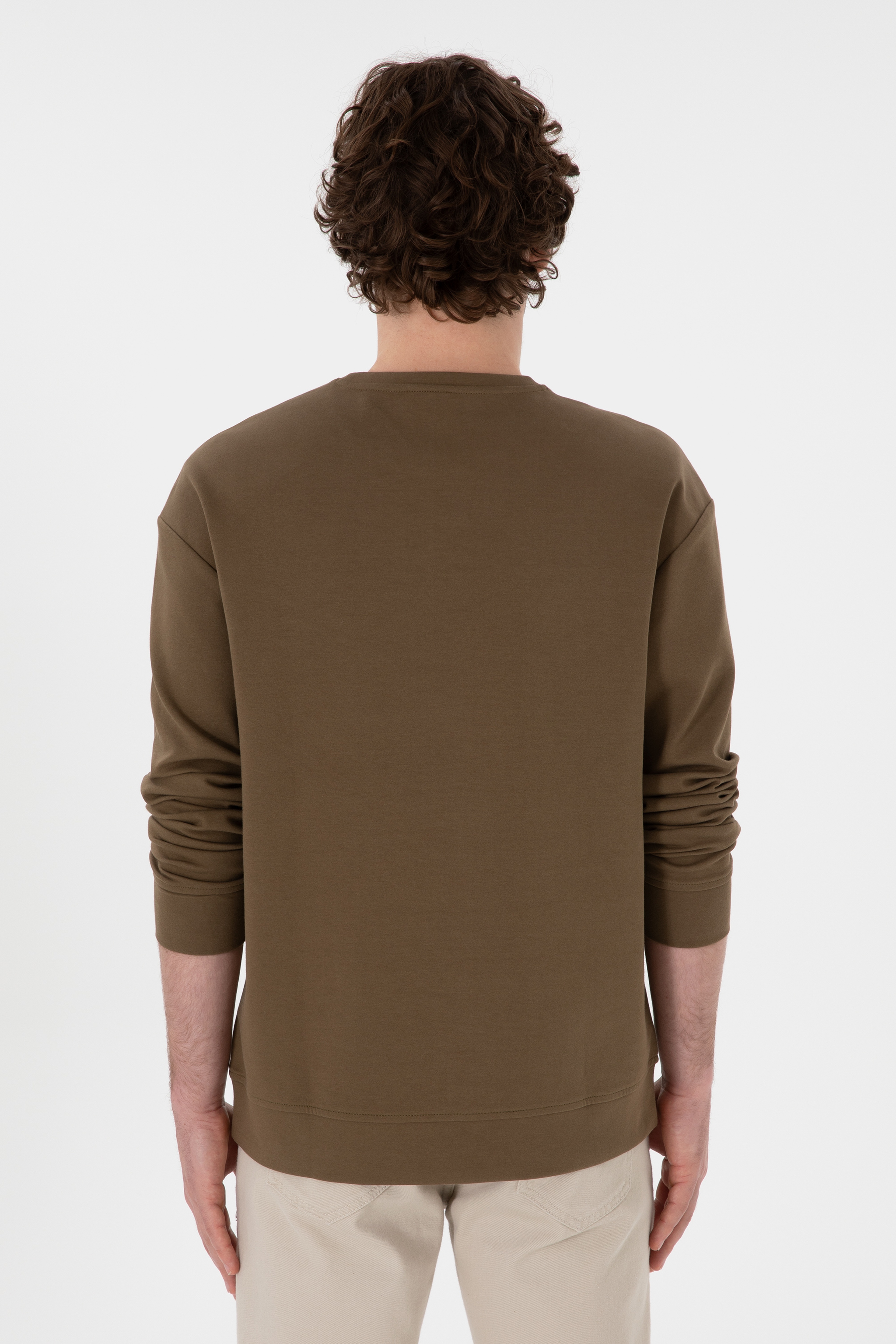 Erkek Comfort Fit Bisiklet Yaka Haki İnce Sweatshirt