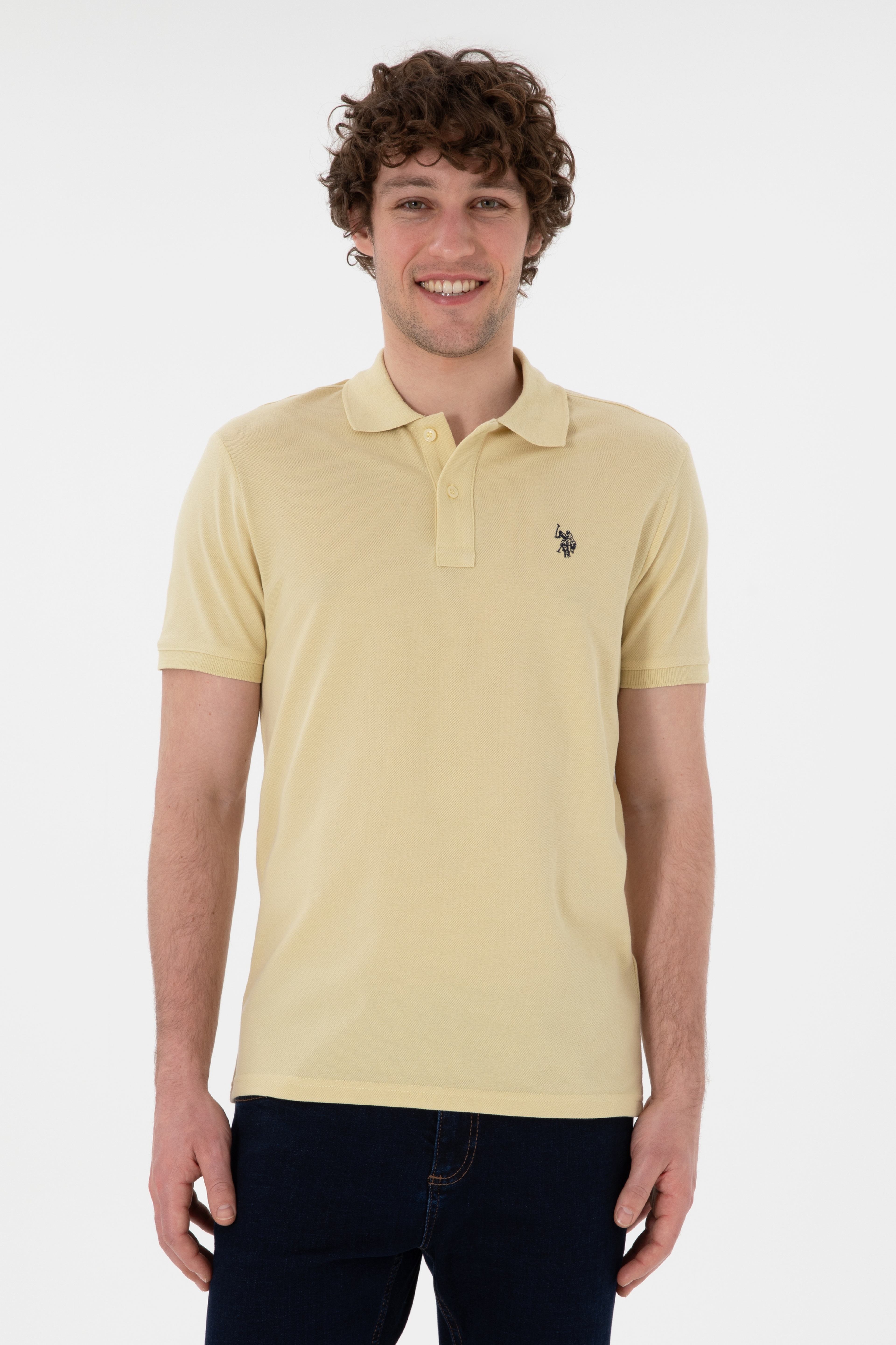 Erkek Slim Fit Polo Yaka Açık Haki Basic Tişört - Image 1