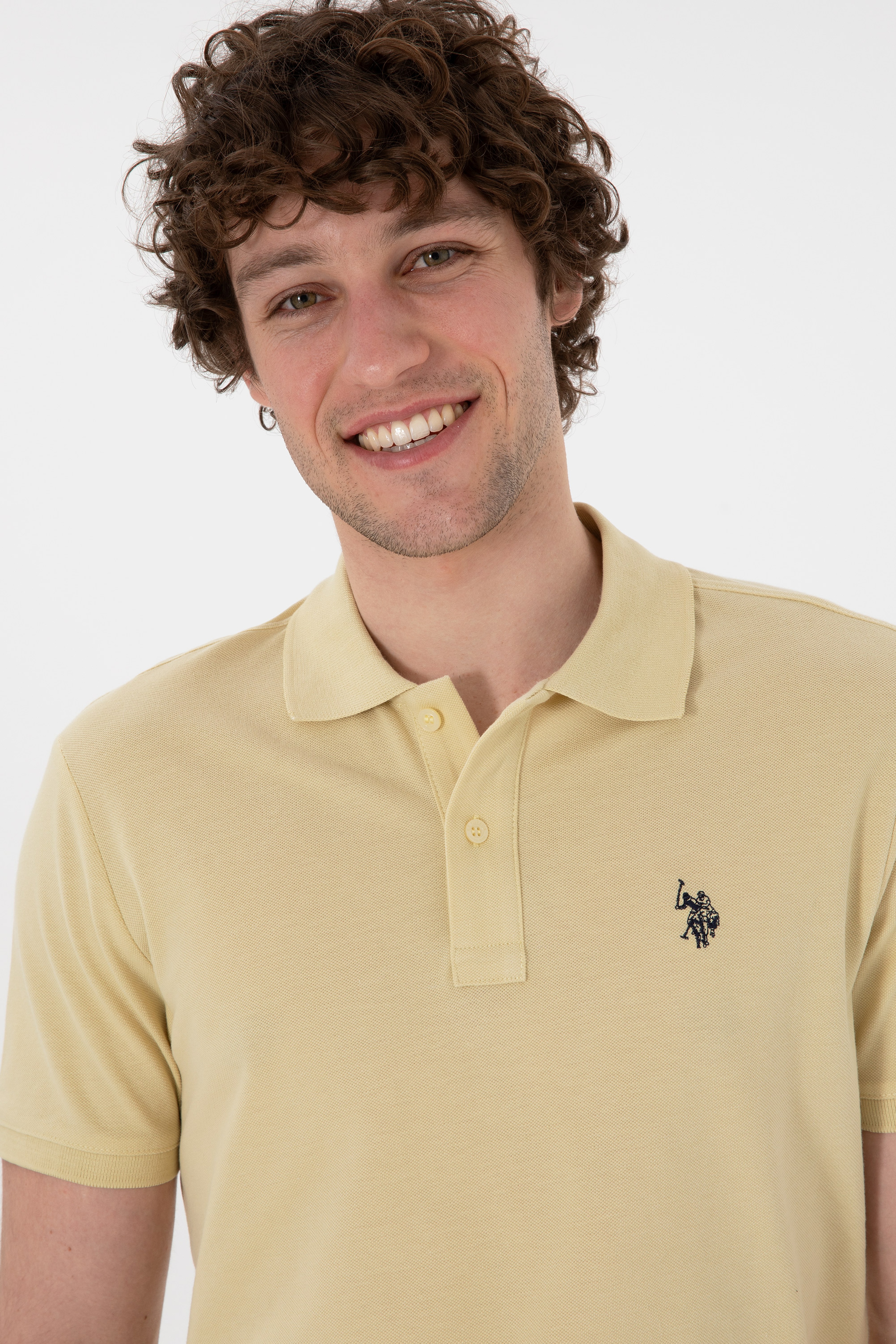Erkek Slim Fit Polo Yaka Açık Haki Basic Tişört - Image 2