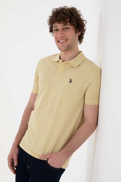 Erkek Slim Fit Polo Yaka Açık Haki Basic Tişört