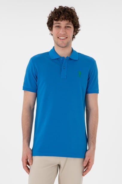 Erkek Slim Fit Polo Yaka Kobalt Basic Tişört
