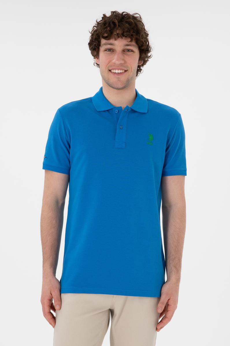 Erkek Slim Fit Polo Yaka Kobalt Basic Tişört