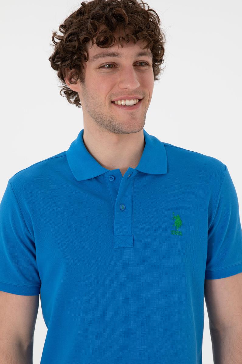 Erkek Slim Fit Polo Yaka Kobalt Basic Tişört