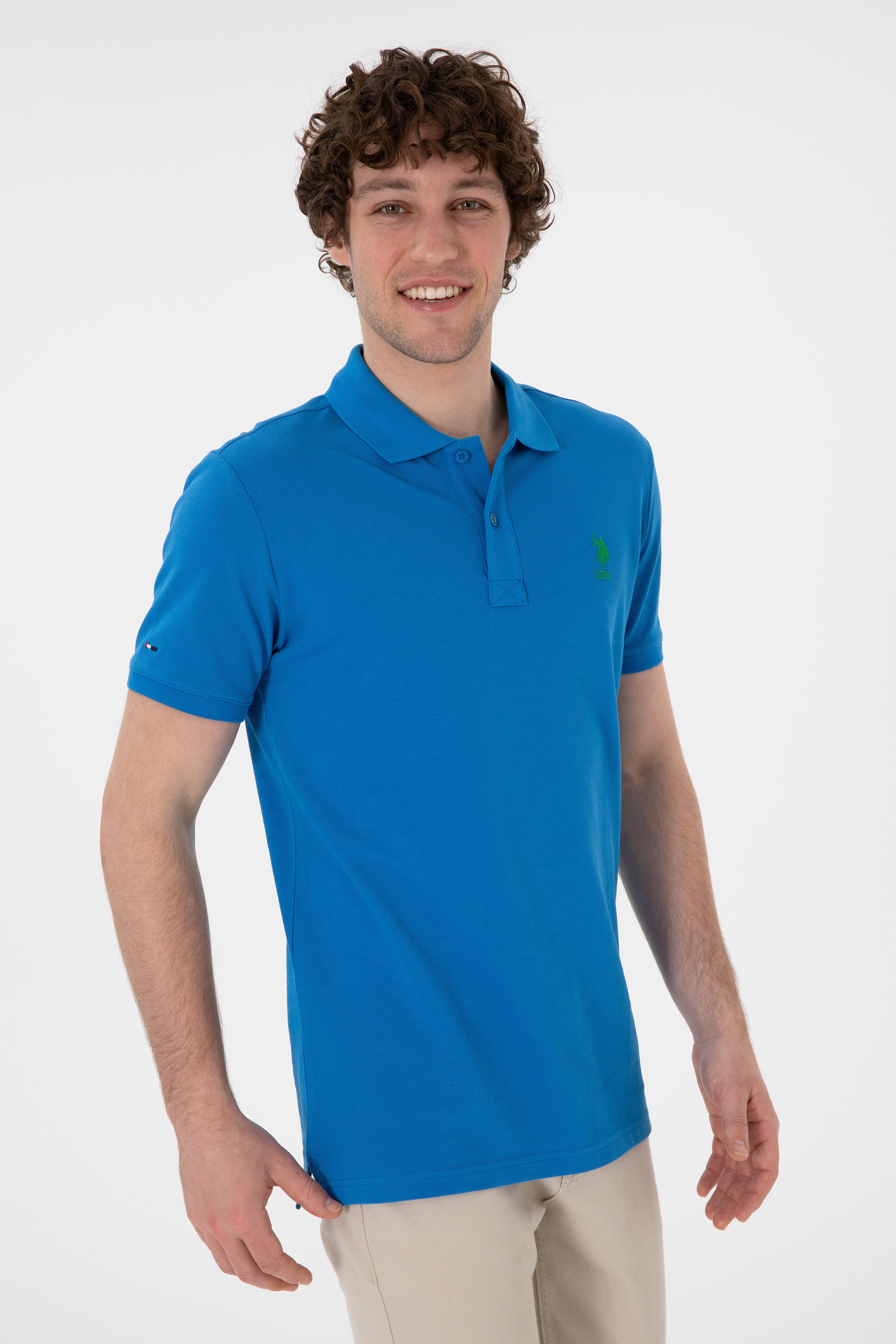 Erkek Slim Fit Polo Yaka Kobalt Basic Tişört - Image 3