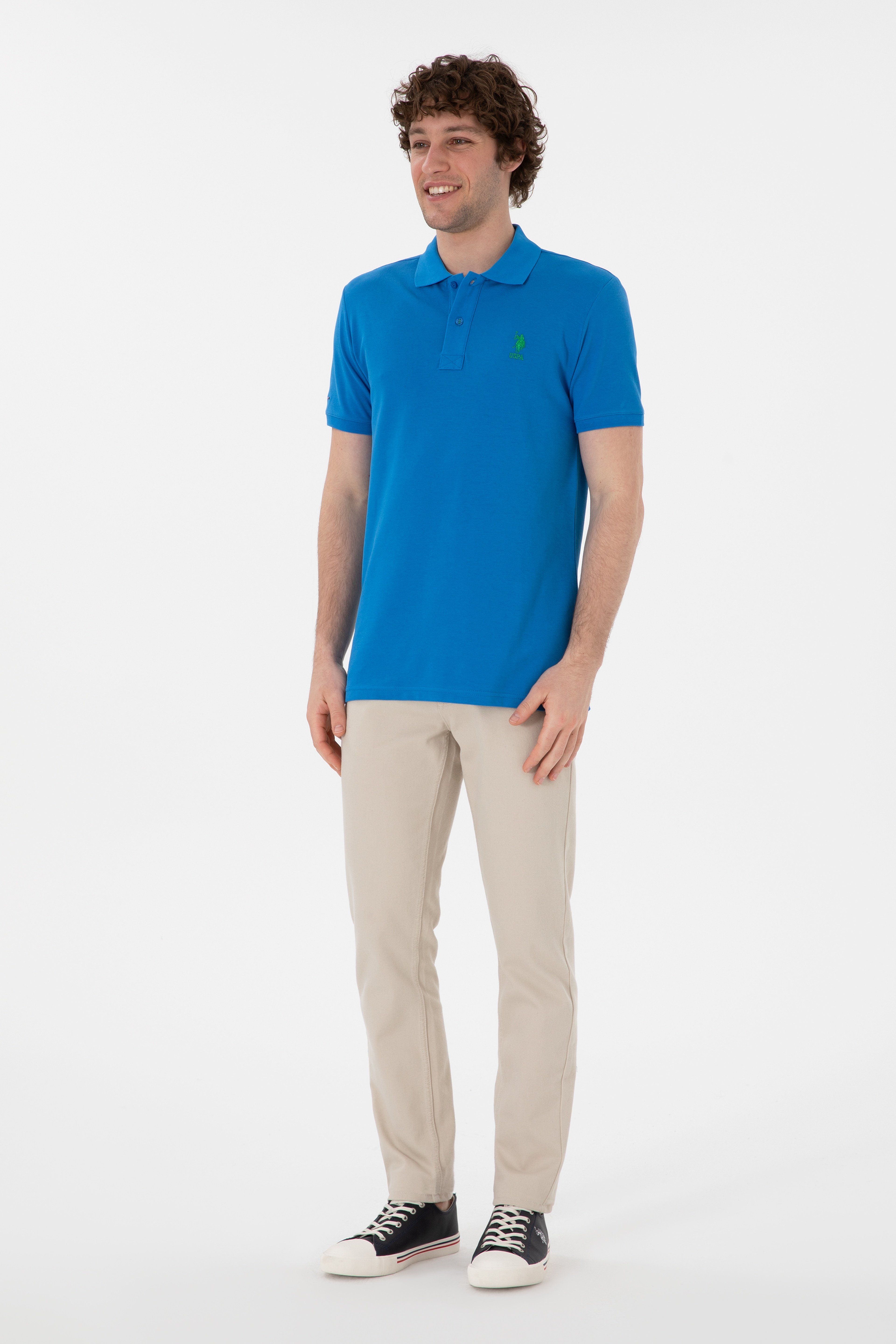 Erkek Slim Fit Polo Yaka Kobalt Basic Tişört