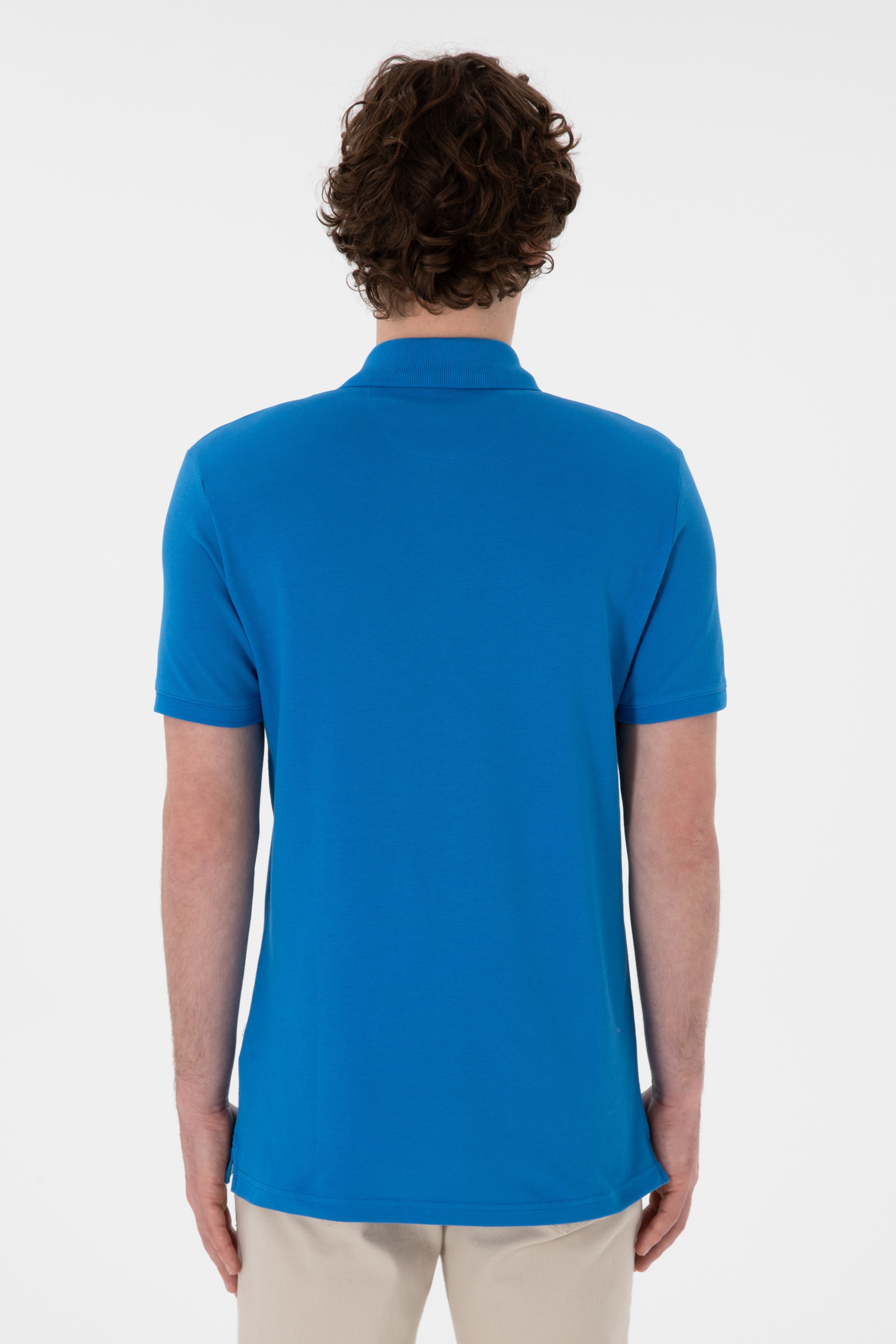 Erkek Slim Fit Polo Yaka Kobalt Basic Tişört - Image 5
