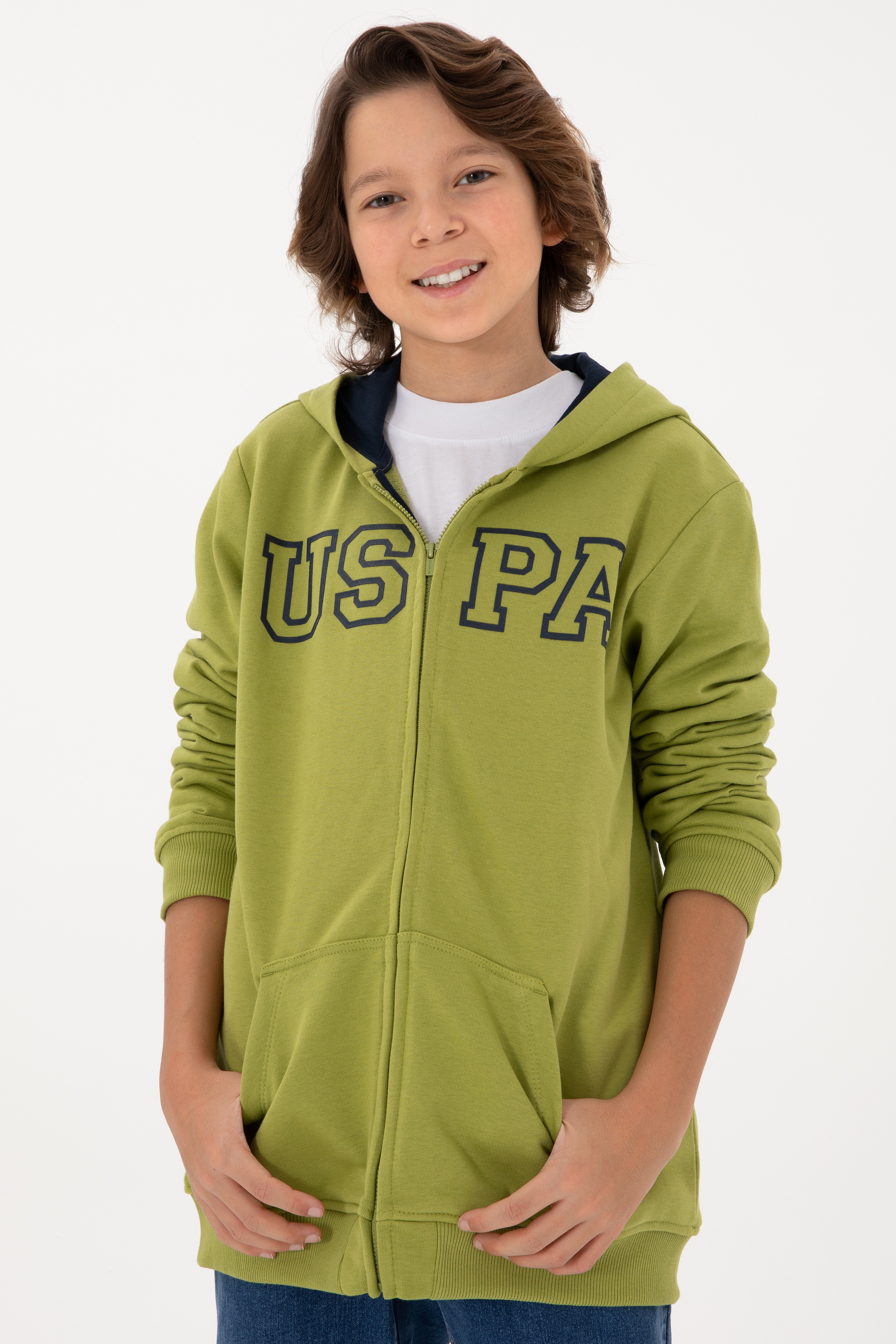 Erkek Çocuk Fermuarlı Kapüşonlu Basic Fıstık Yeşili Sweatshirt - Image 2