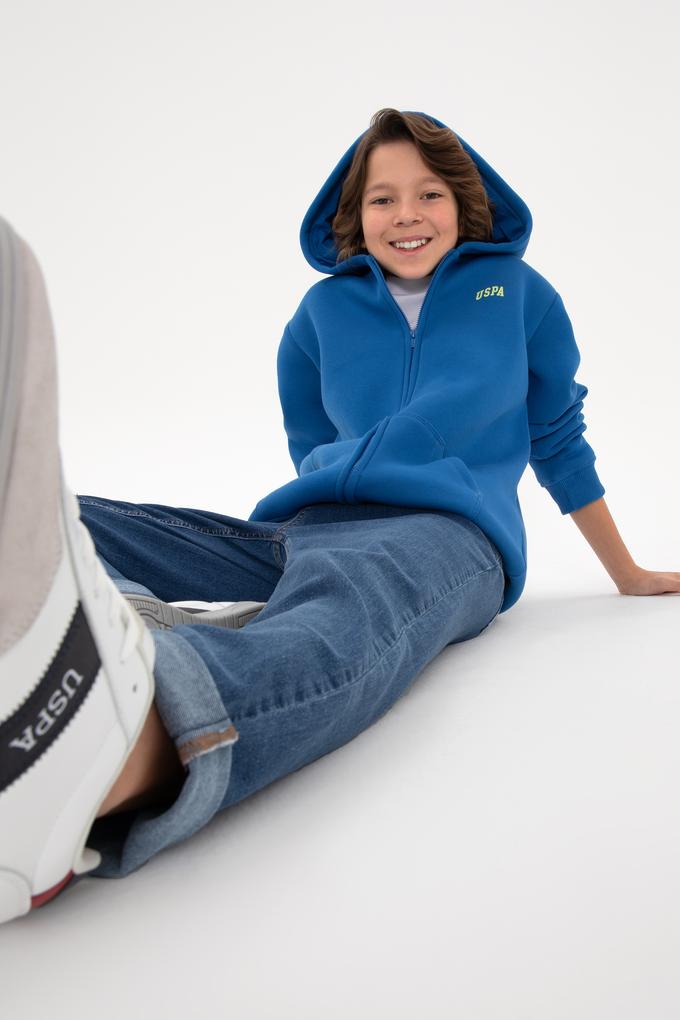 Erkek Çocuk Fermuarlı Kobalt Şardonlu Kapüşonlu Sweatshirt